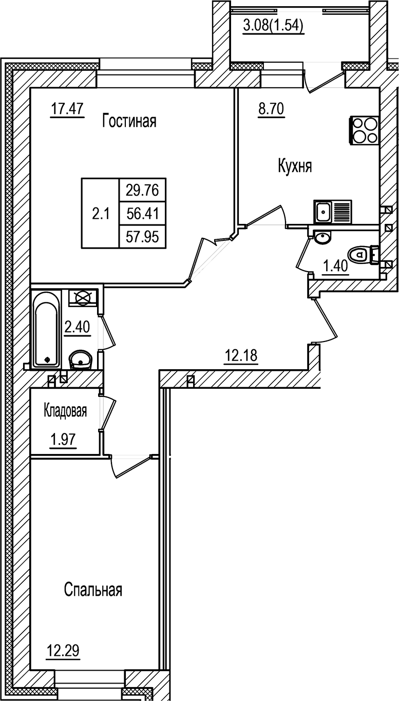 Планировка — DOLCE VITA, 2-комн., 56 м²