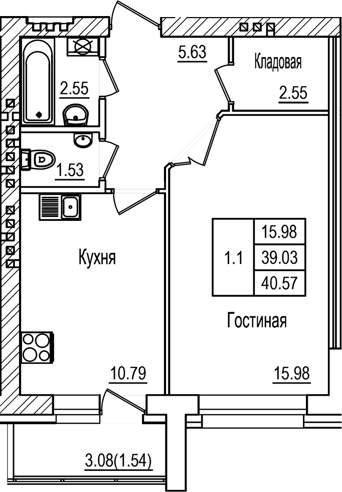 Планировка — DOLCE VITA, 1-комн., 39 м²