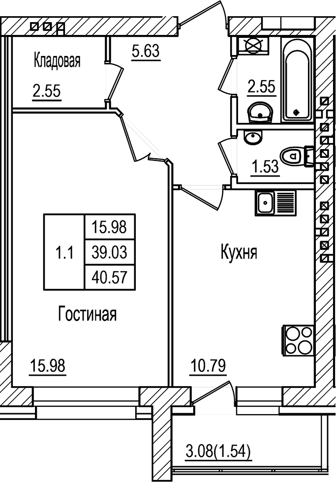 Планировка — DOLCE VITA, 1-комн., 39 м²