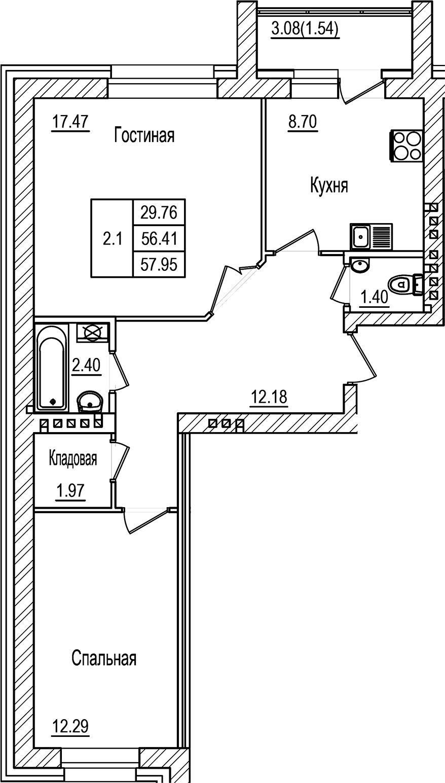Планировка — DOLCE VITA, 2-комн., 56 м²