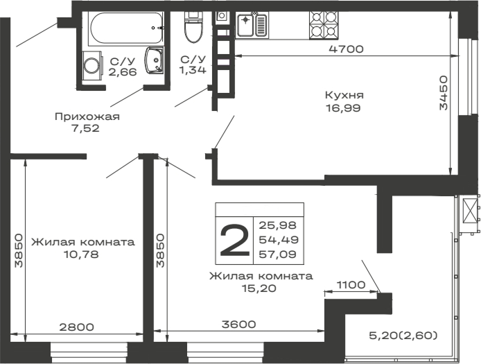 Планировка — Долина, 2-комн., 54 м²