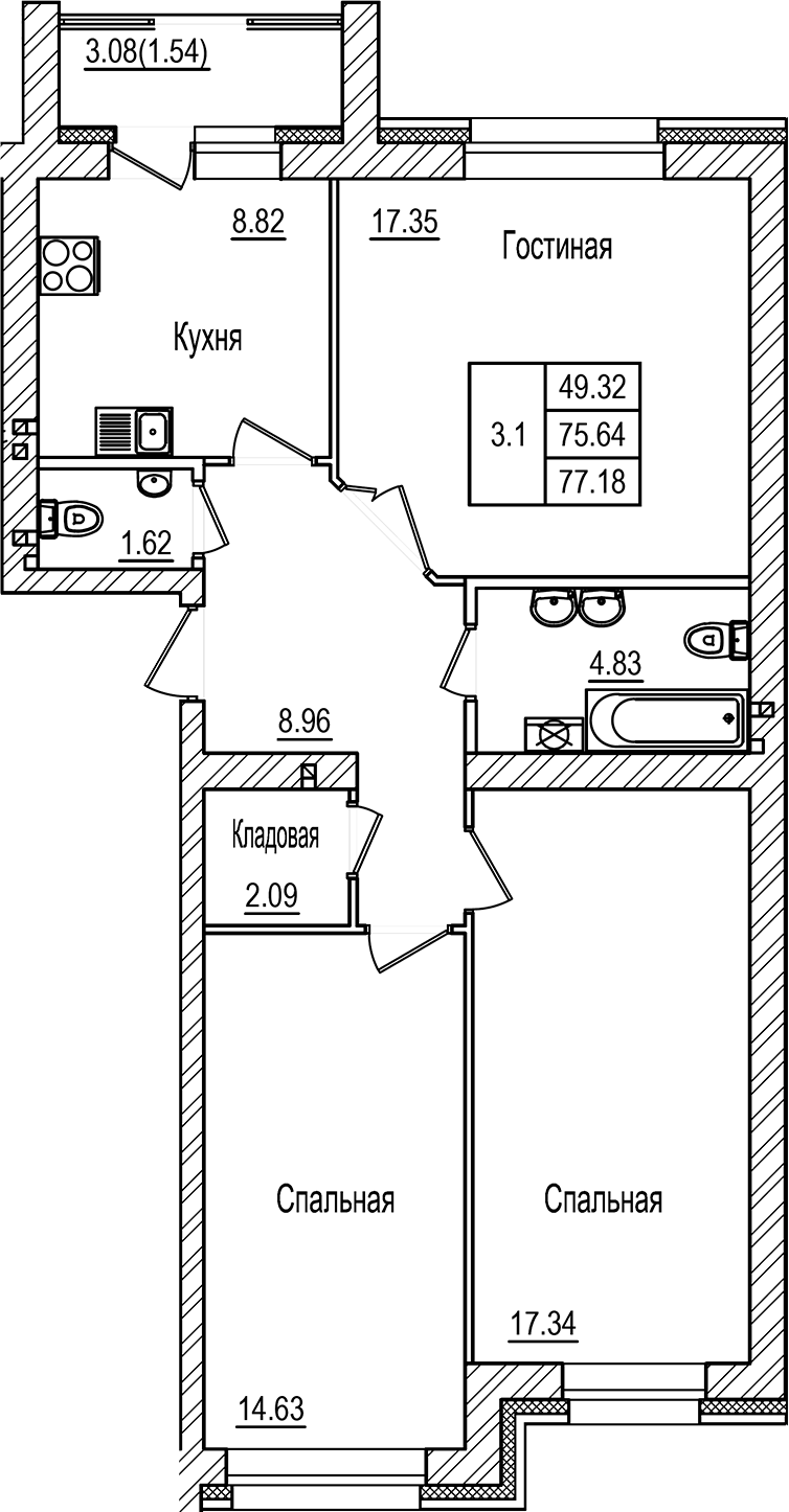Планировка — DOLCE VITA, 3-комн., 76 м²