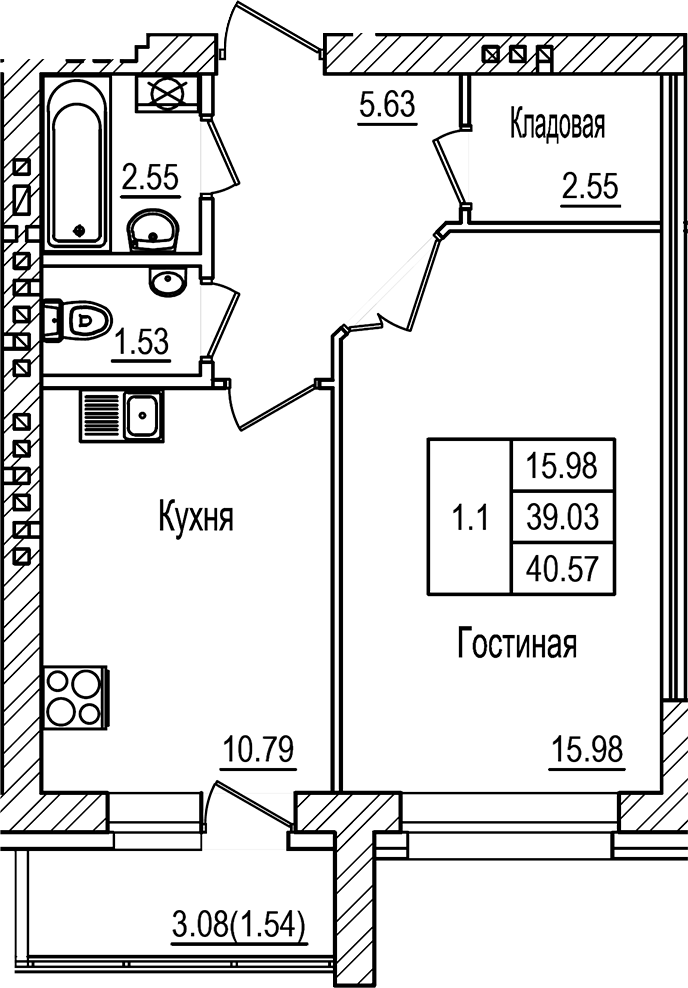 Планировка — DOLCE VITA, 1-комн., 39 м²