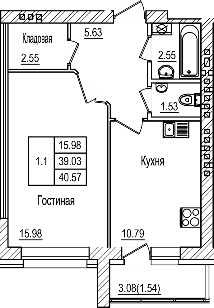 Планировка — DOLCE VITA, 1-комн., 39 м²