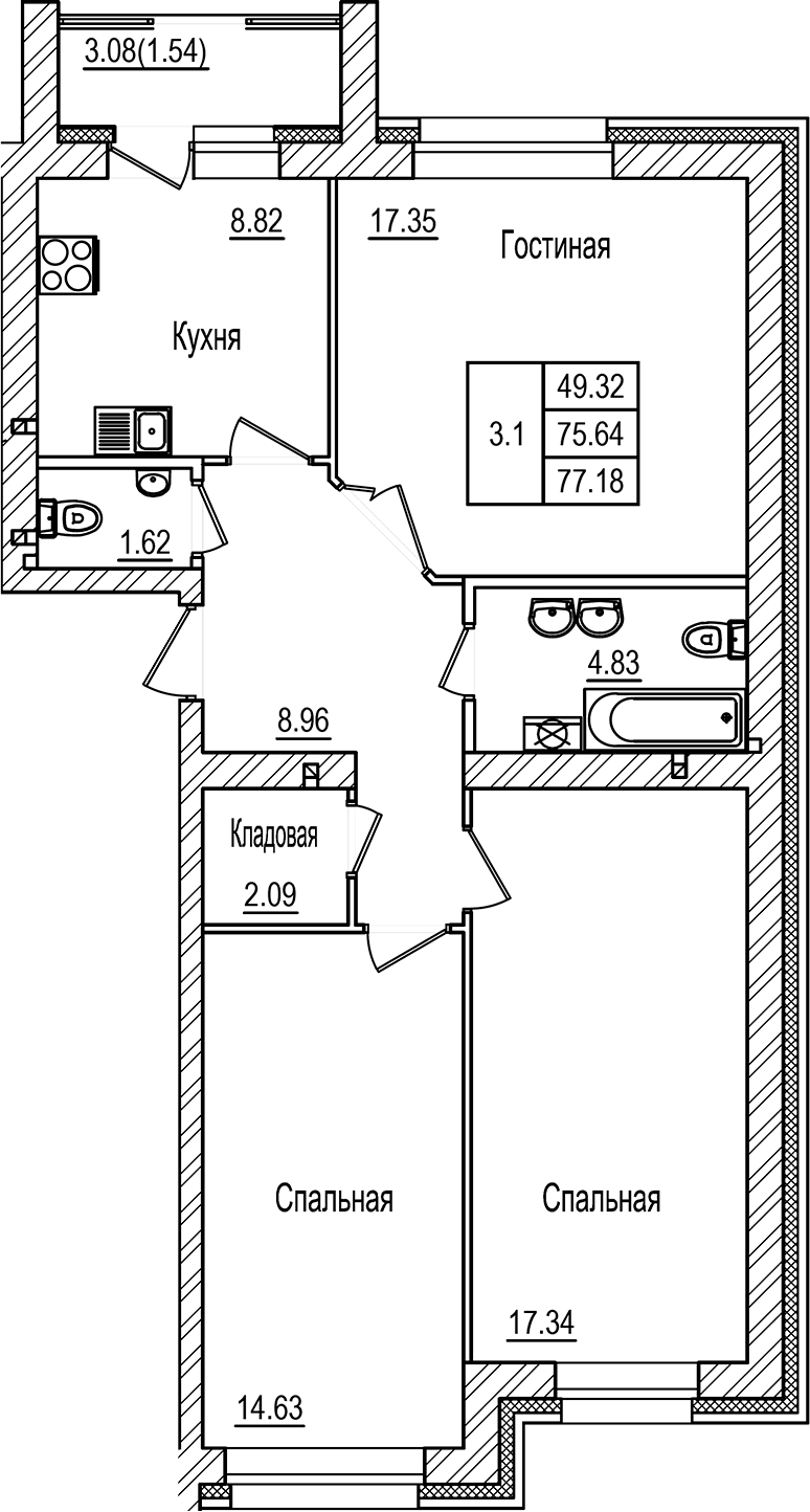 Планировка — DOLCE VITA, 3-комн., 76 м²