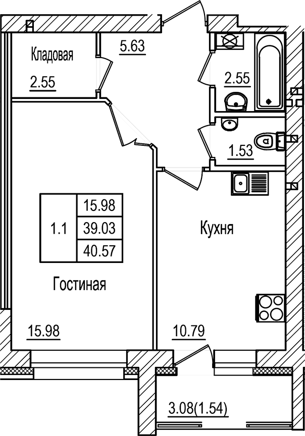 Планировка — DOLCE VITA, 1-комн., 39 м²