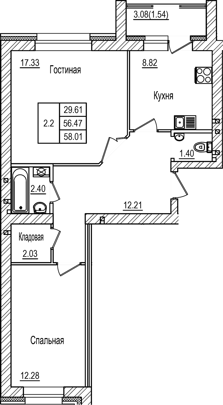 Планировка — DOLCE VITA, 2-комн., 56 м²