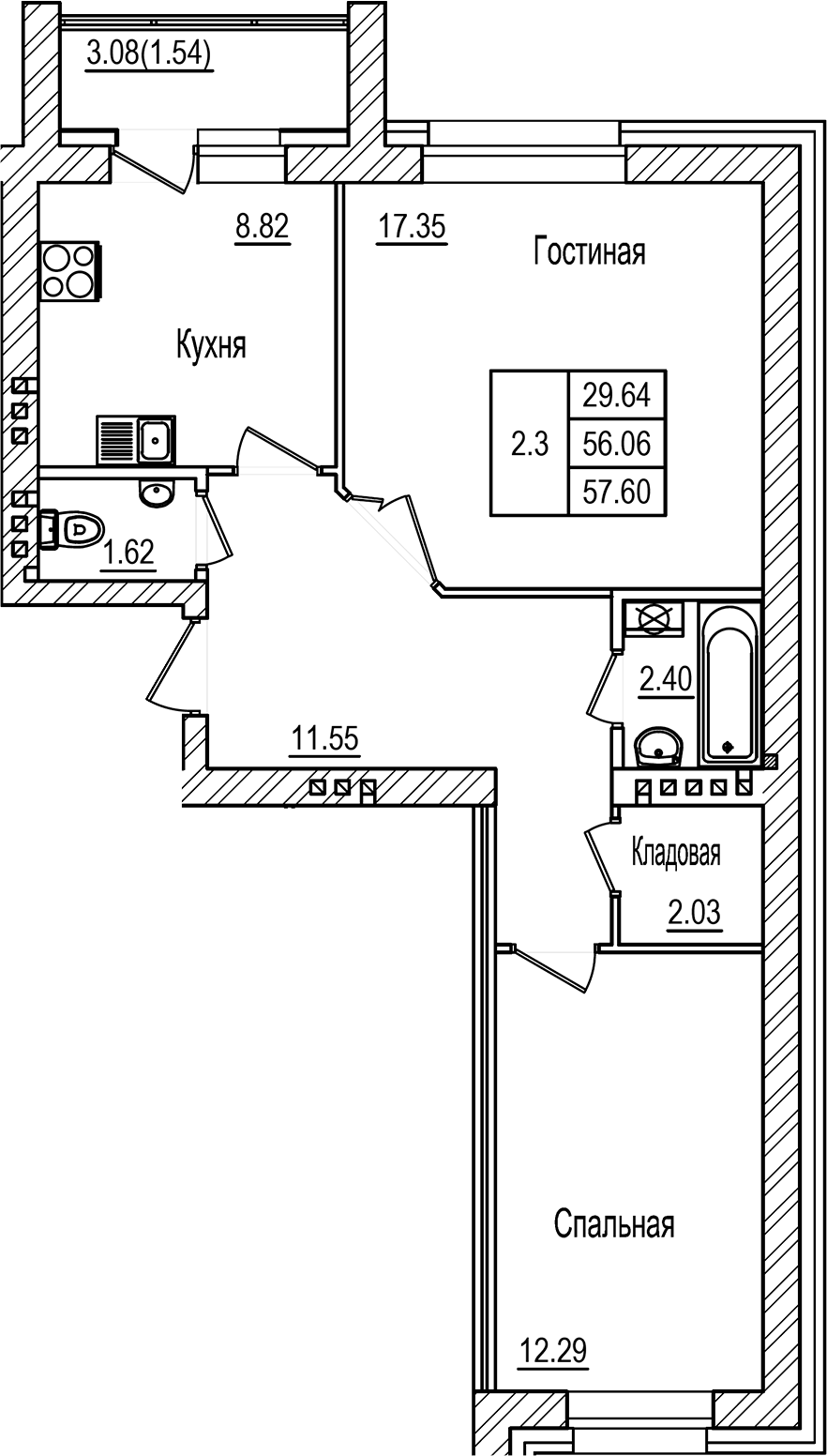 Планировка — DOLCE VITA, 2-комн., 56 м²
