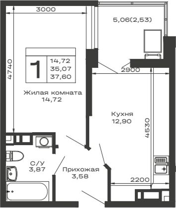 Планировка — Долина, 1-комн., 35 м²