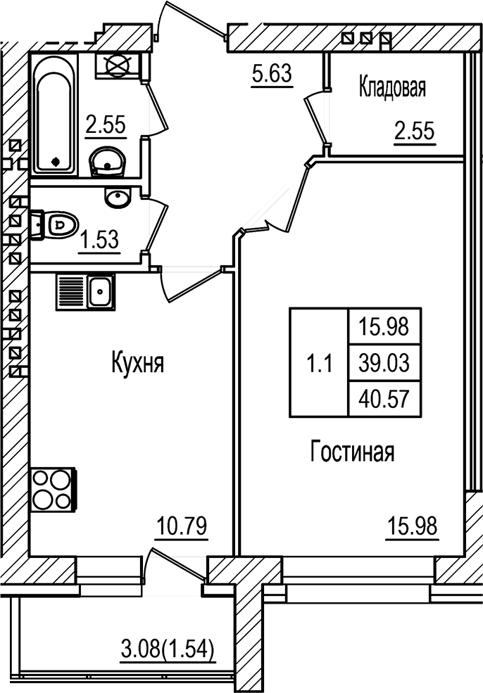 Планировка — DOLCE VITA, 1-комн., 39 м²