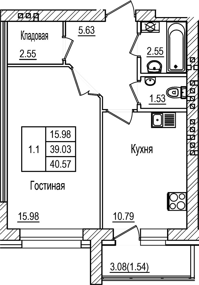 Планировка — DOLCE VITA, 1-комн., 39 м²