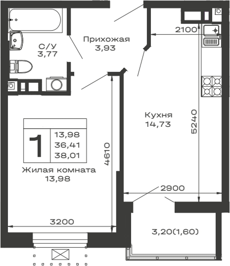 Планировка — Долина, 1-комн., 36 м²