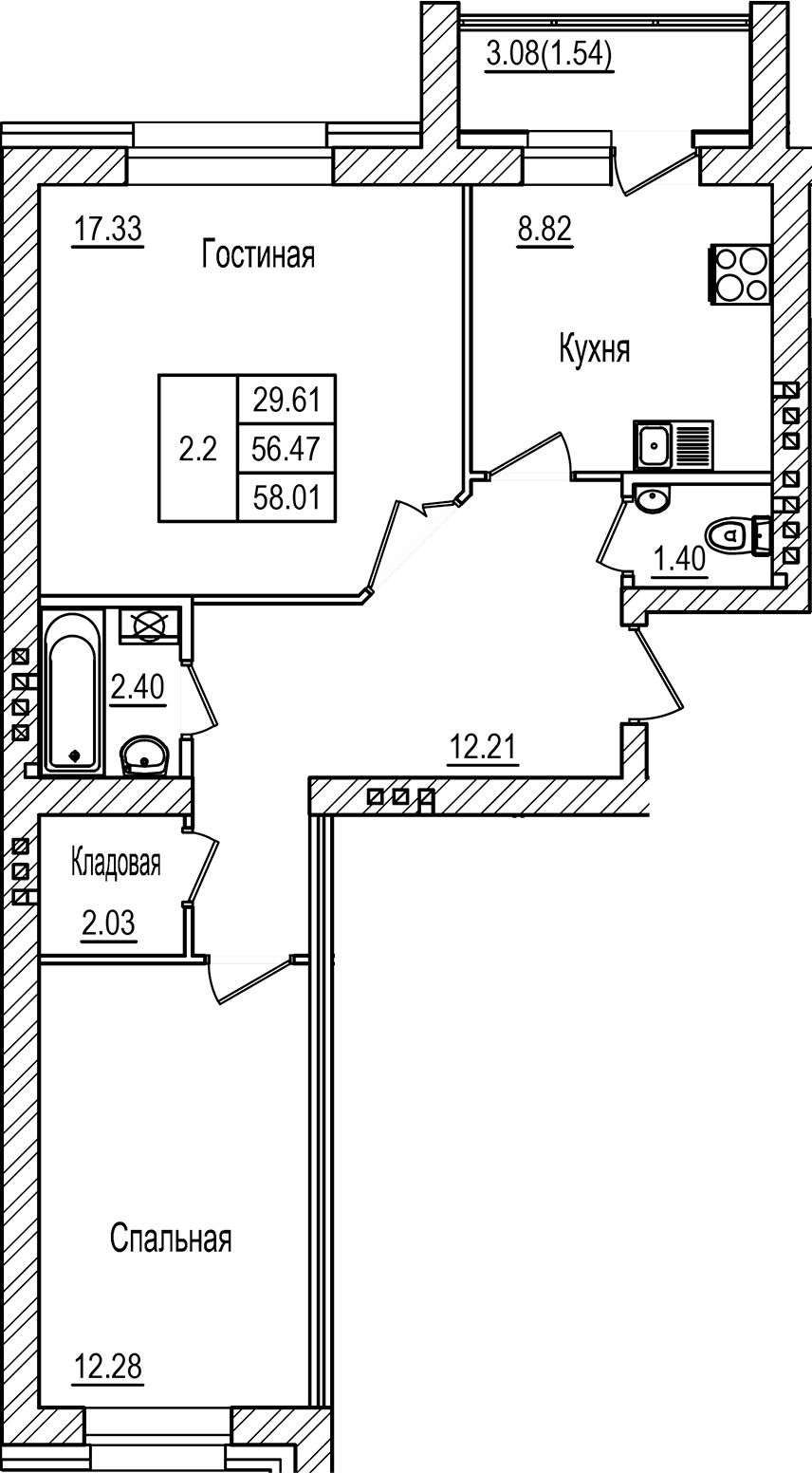 Планировка — DOLCE VITA, 2-комн., 56 м²