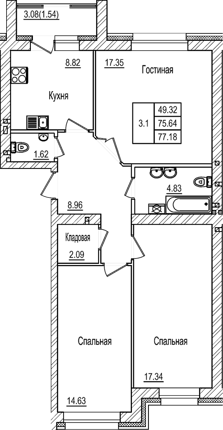 Планировка — DOLCE VITA, 3-комн., 76 м²