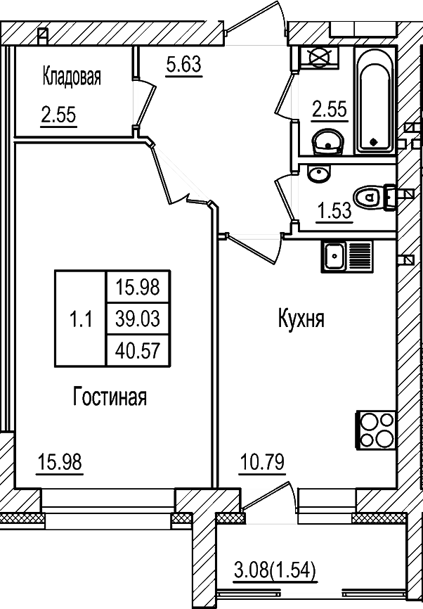 Планировка — DOLCE VITA, 1-комн., 39 м²