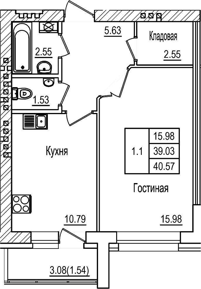 Планировка — DOLCE VITA, 1-комн., 39 м²