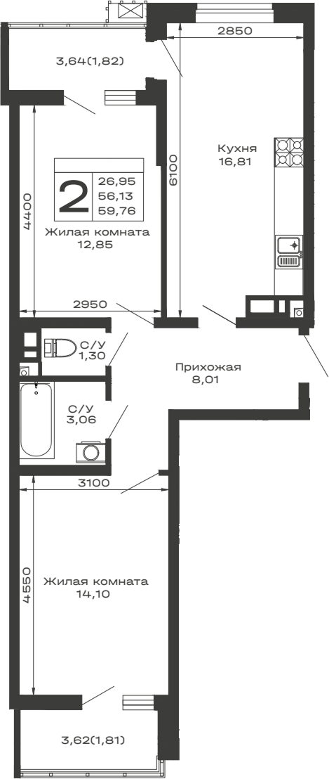 Планировка — Долина, 2-комн., 56 м²