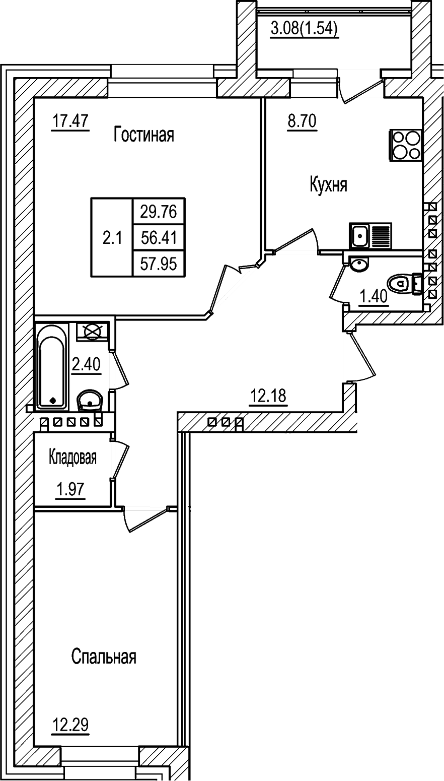 Планировка — DOLCE VITA, 2-комн., 56 м²