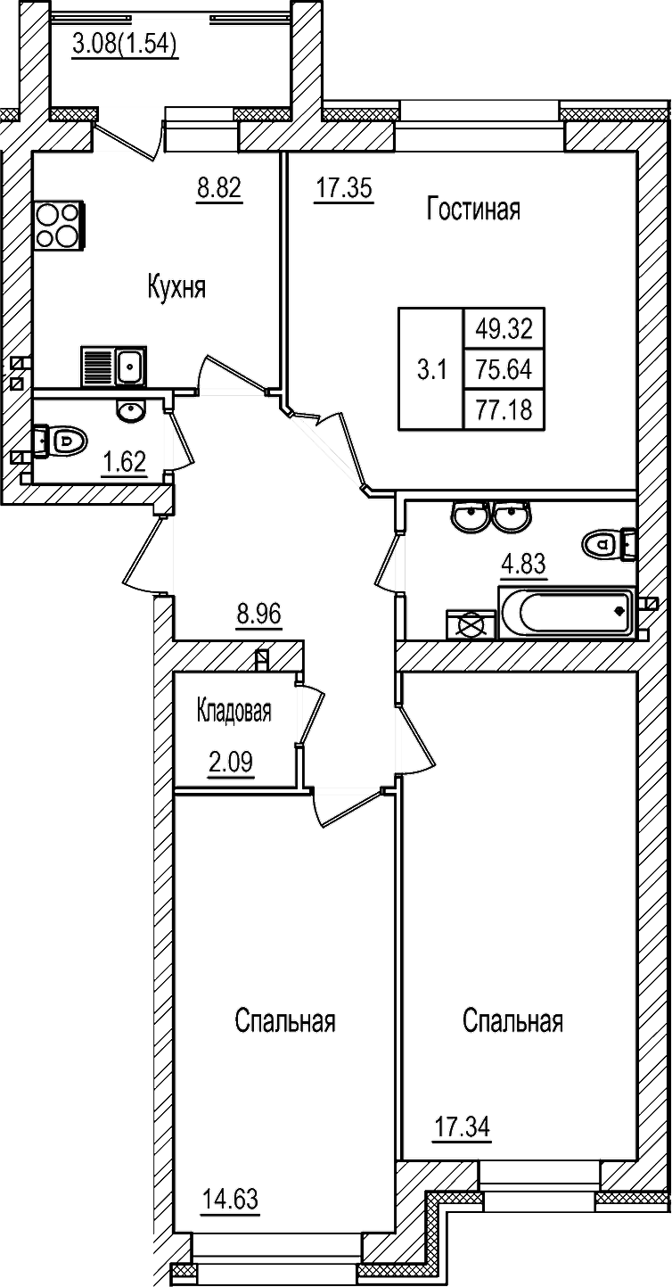 Планировка — DOLCE VITA, 3-комн., 76 м²
