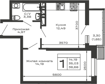 Планировка — Долина, 1-комн., 35 м²