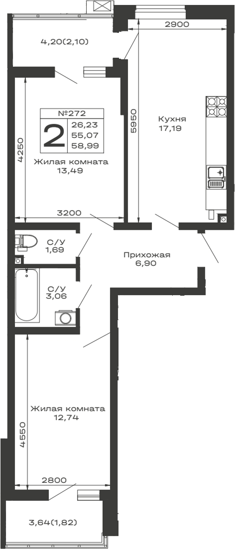Планировка — Долина, 2-комн., 55 м²