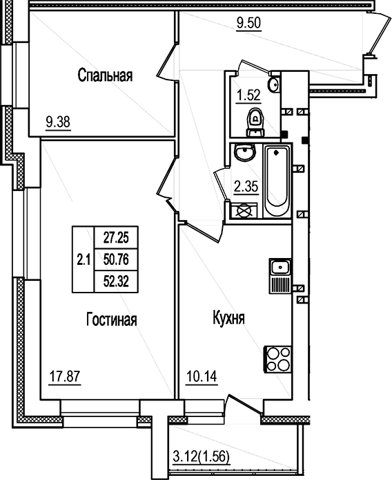 Планировка — DOLCE VITA, 2-комн., 51 м²