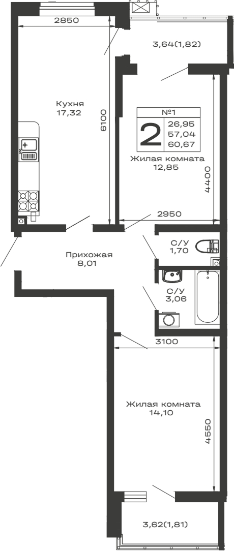 Планировка — Долина, 2-комн., 57 м²