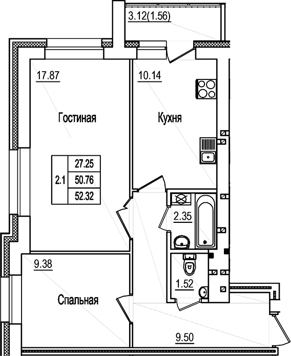 Планировка — DOLCE VITA, 2-комн., 51 м²