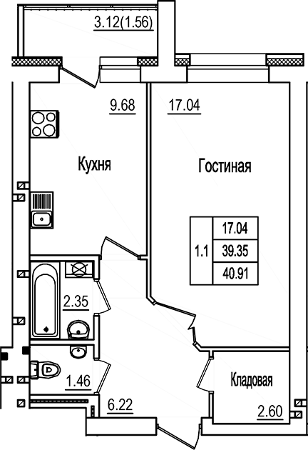 Планировка — DOLCE VITA, 1-комн., 39 м²