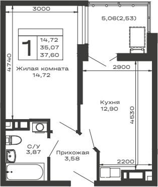 Планировка — Долина, 1-комн., 35 м²
