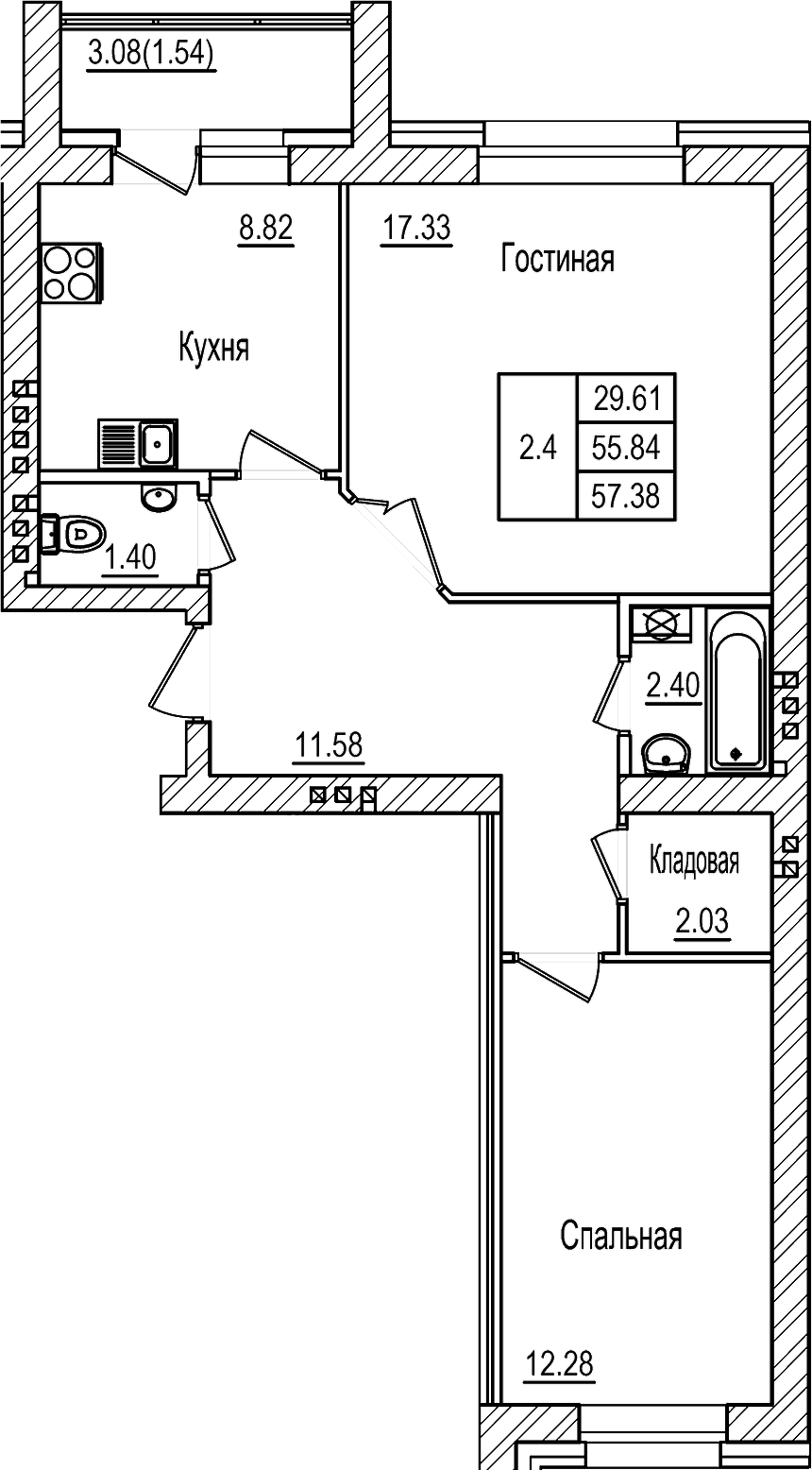 Планировка — DOLCE VITA, 2-комн., 56 м²