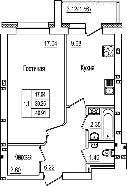 Планировка — DOLCE VITA, 1-комн., 39 м²
