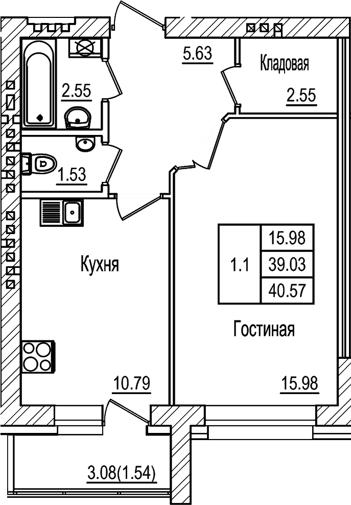 Планировка — DOLCE VITA, 1-комн., 39 м²