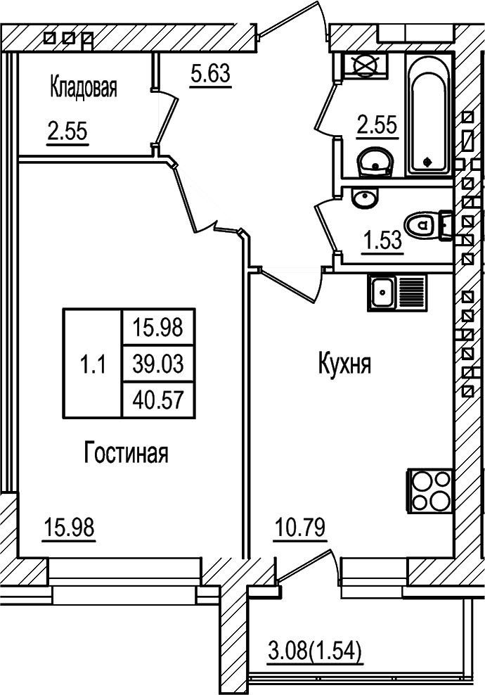 Планировка — DOLCE VITA, 1-комн., 39 м²