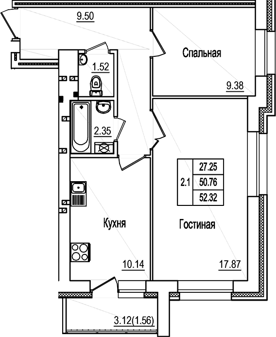 Планировка — DOLCE VITA, 2-комн., 51 м²
