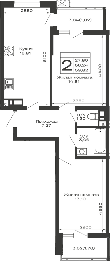 Планировка — Долина, 2-комн., 56 м²