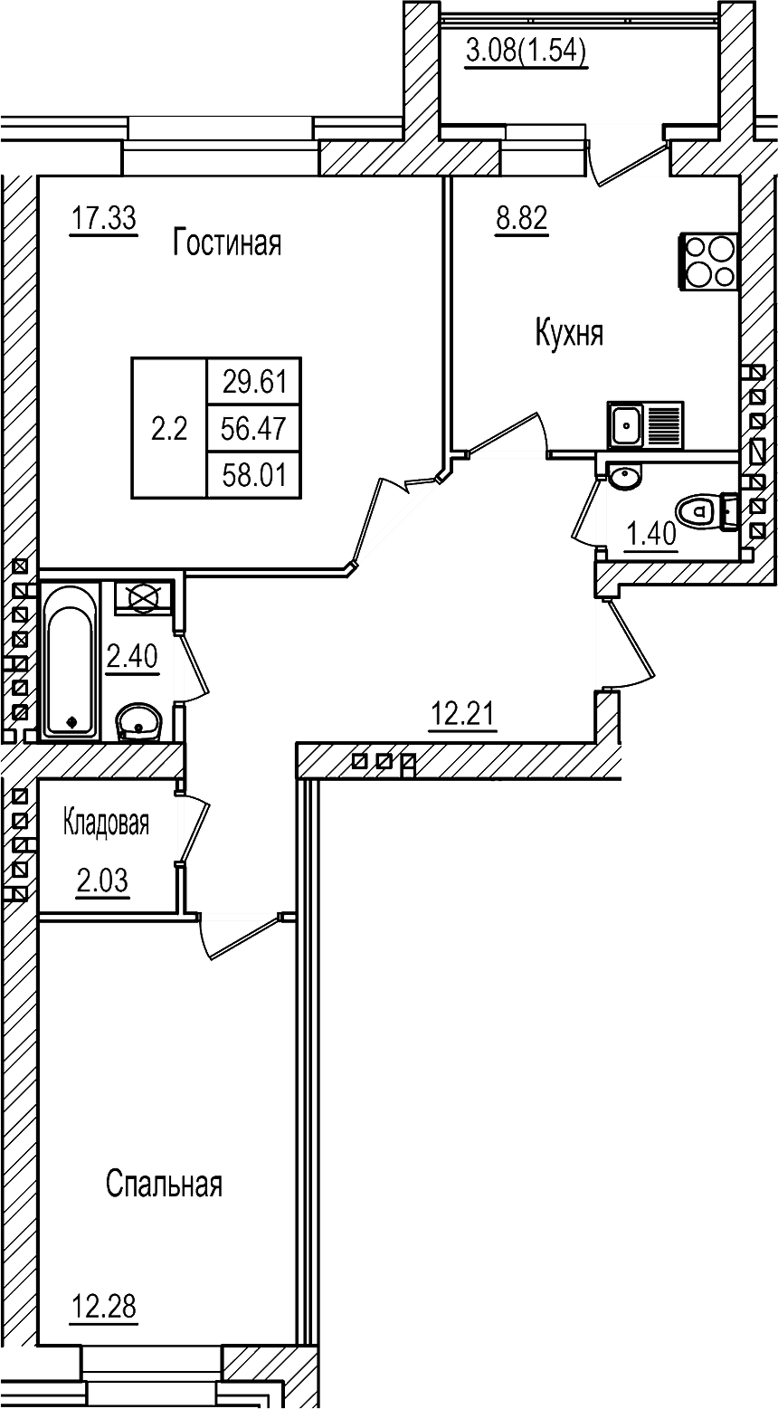 Планировка — DOLCE VITA, 2-комн., 56 м²