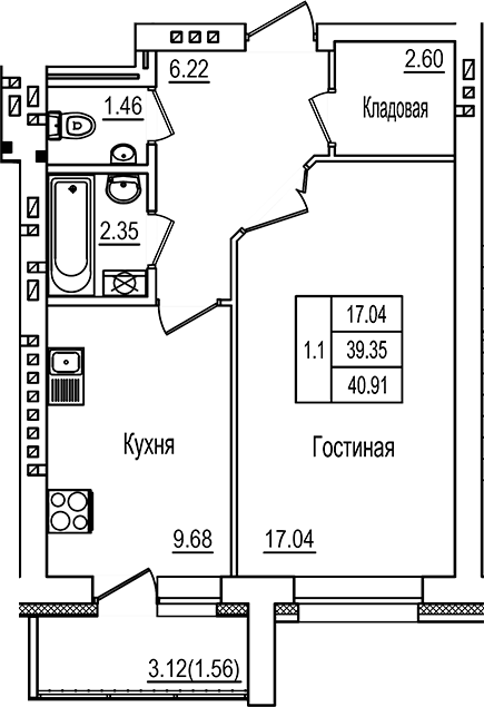 Планировка — DOLCE VITA, 1-комн., 39 м²
