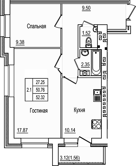 Планировка — DOLCE VITA, 2-комн., 51 м²