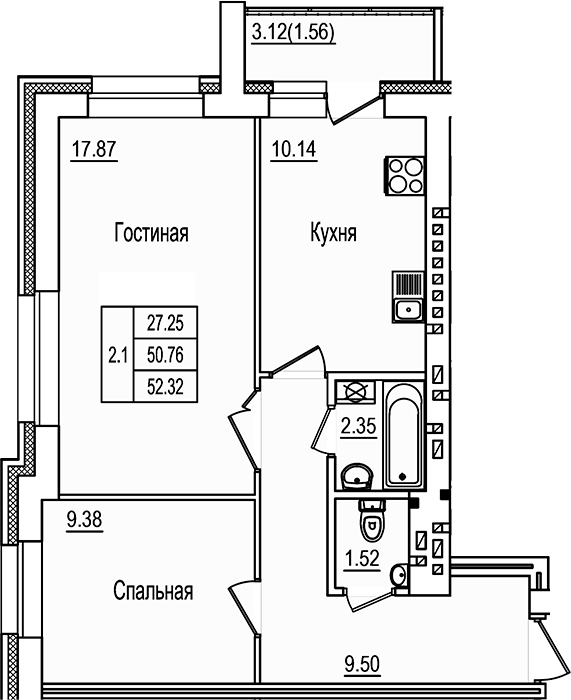 Планировка — DOLCE VITA, 2-комн., 51 м²