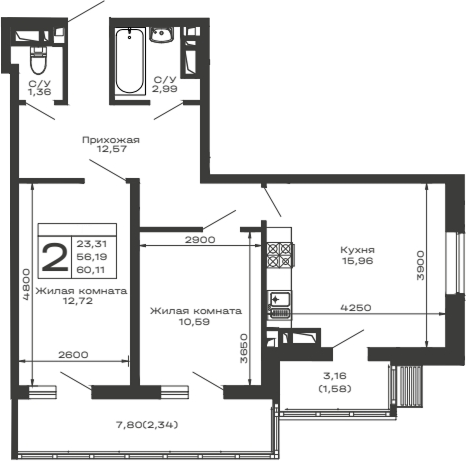 Планировка — Долина, 2-комн., 56 м²
