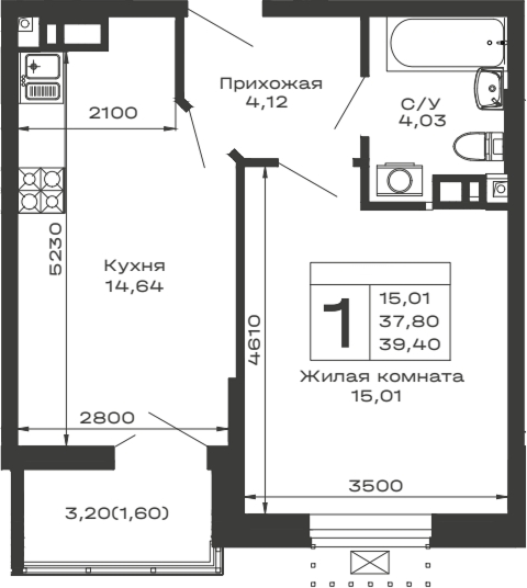 Планировка — Долина, 1-комн., 38 м²