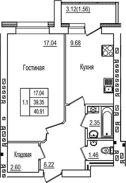 Планировка — DOLCE VITA, 1-комн., 39 м²