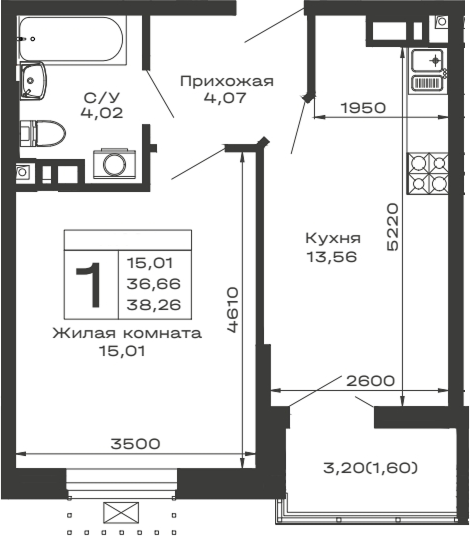 Планировка — Долина, 1-комн., 37 м²