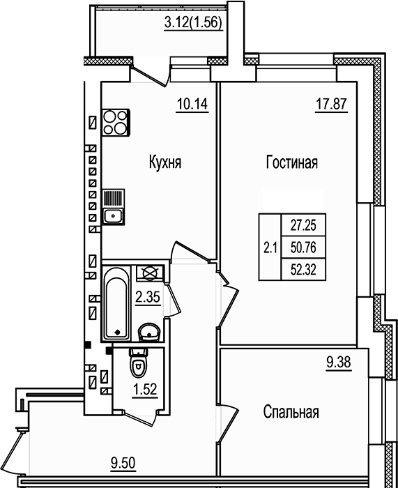 Планировка — DOLCE VITA, 2-комн., 51 м²