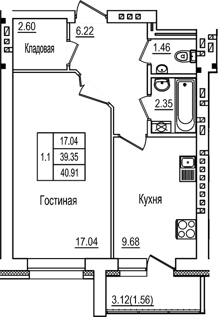 Планировка — DOLCE VITA, 1-комн., 39 м²