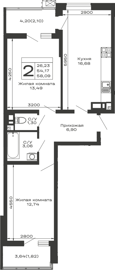 Планировка — Долина, 2-комн., 54 м²
