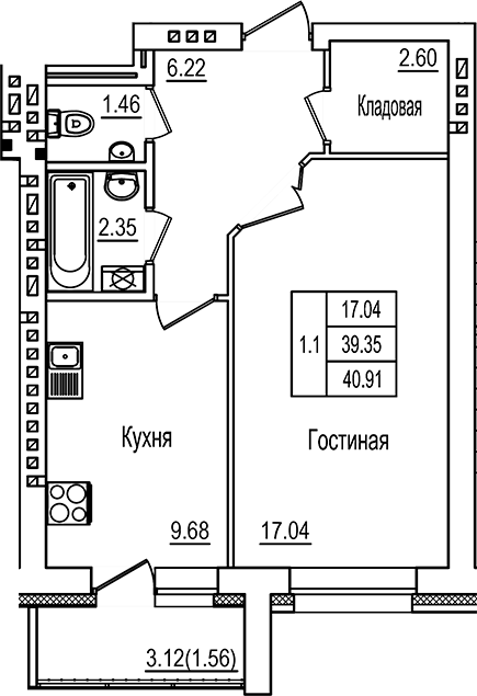 Планировка — DOLCE VITA, 1-комн., 39 м²