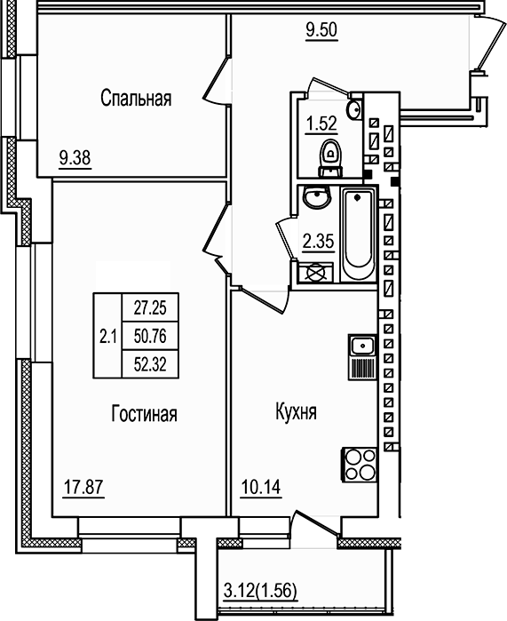 Планировка — DOLCE VITA, 2-комн., 51 м²