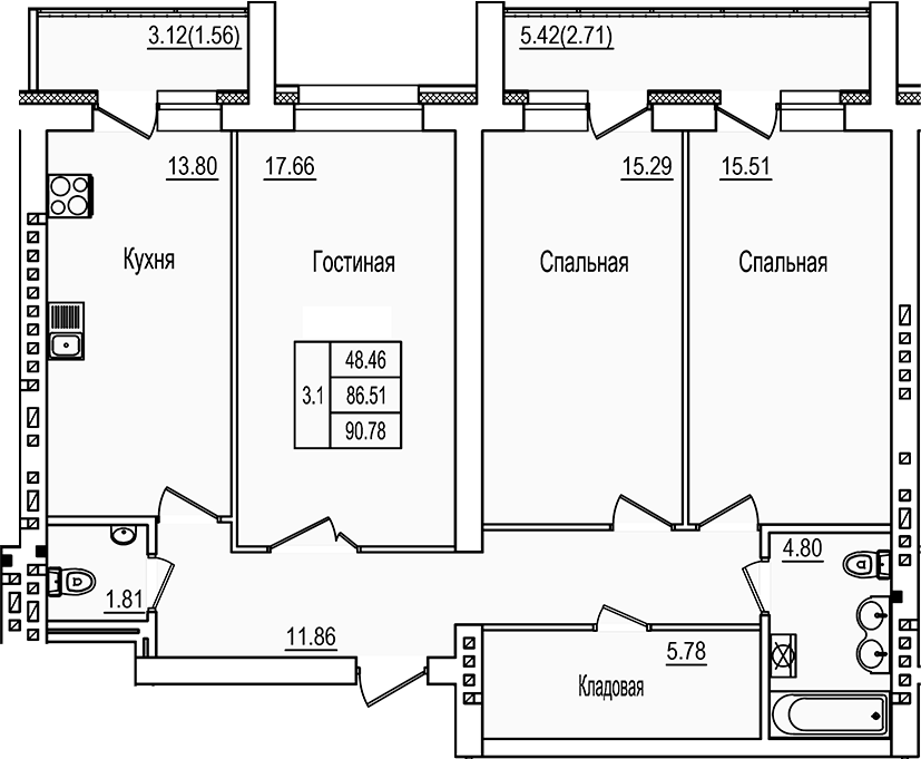 Планировка — DOLCE VITA, 3-комн., 87 м²